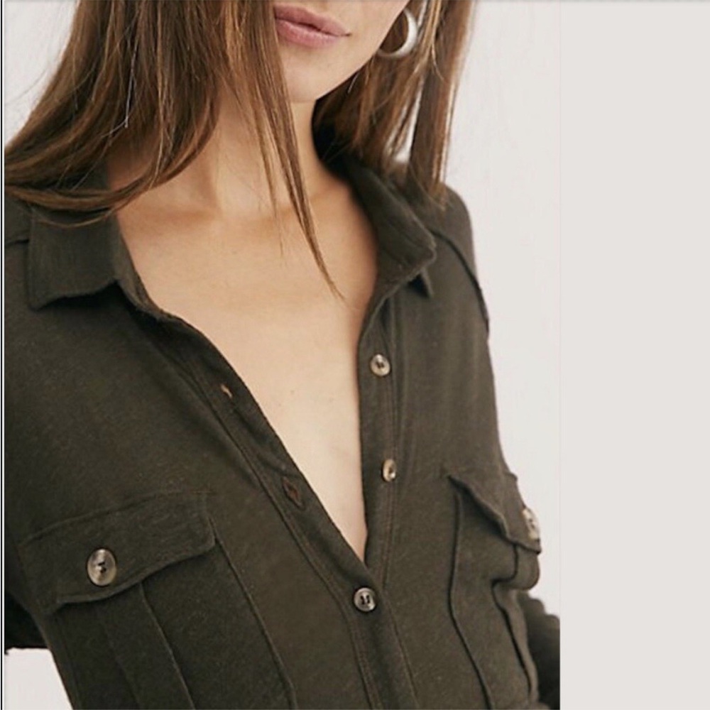 Free People Penelope Button Down Linen/Cotton Long Sleeve Top in Army, Size XS - Picture 2 of 10
